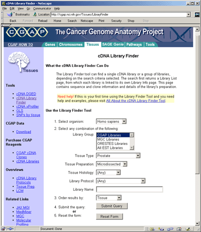 The CGAP tissue database query front end