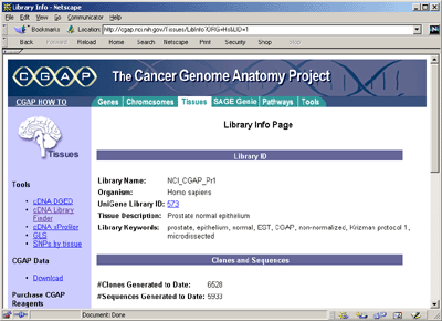 The CGAP tissue database Info on Prostate entry Pr1