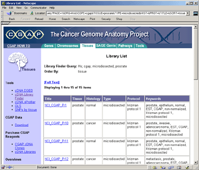 The CGAP tissue database Library List